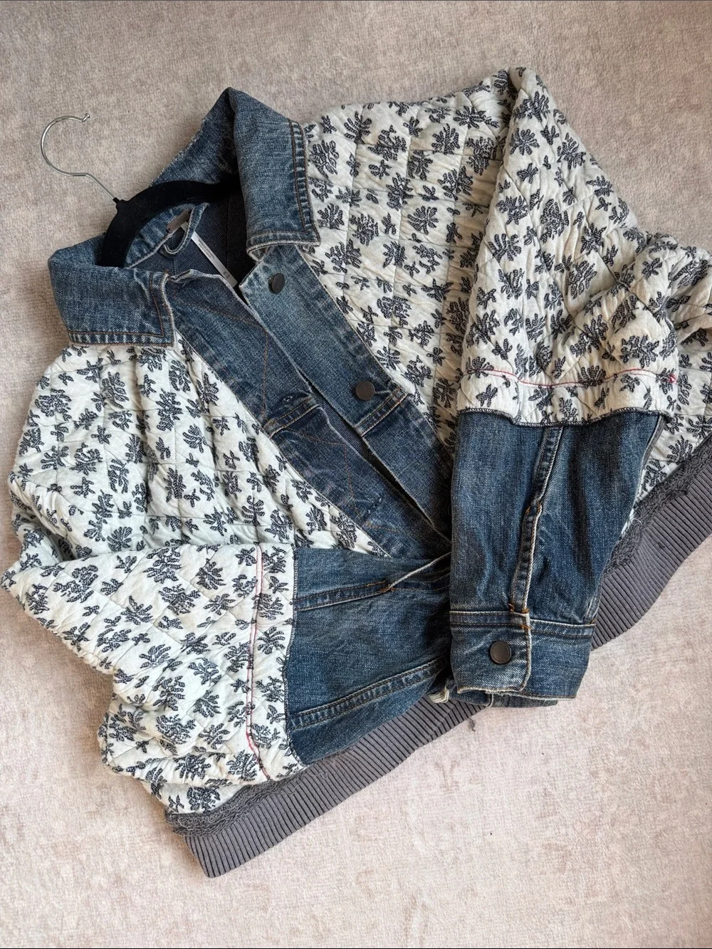 Free People White Ditsy Print Quilted Denim Jacket - Picture 2 of 4